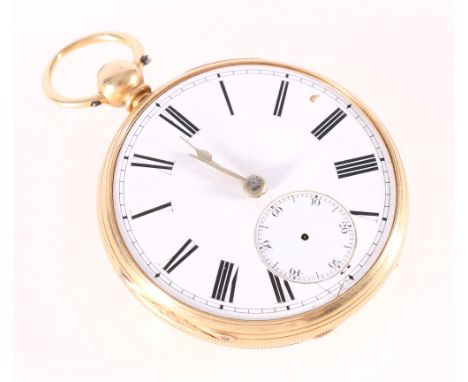Victorian 18ct gold open faced pocket watch, with enamel dial, key winding, lacks glass, Sheffield 1896, 8.5cm.