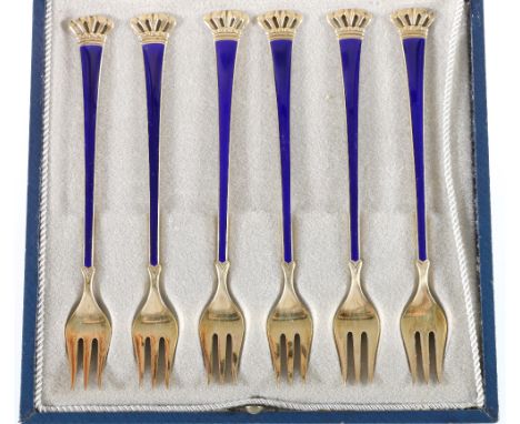 Set of six Danish silver gilt and enamel pickle forks, makers initials SJR in fitted case.