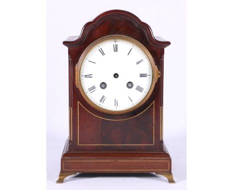 Victorian brass inlaid mahogany mantel clock, with Roman enamel dial, the Martin movement striking on a gong, 25cm.