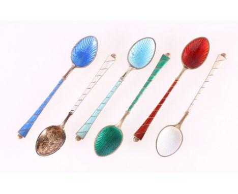 Six Danish enamel silver gilt coffee spoons, marked 925, 50g.   CONDITION REPORT:  Not a set of six. Enamel dirty but general