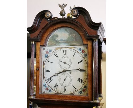 Victorian oak longcase clock, with arched enamel Roman dial, the arch with rural landscape, 218cm.   CONDITION REPORT:  Minor