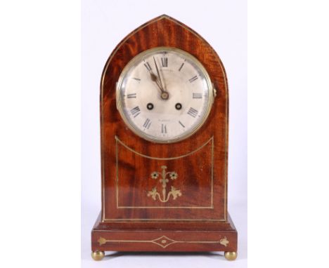 Late Victorian mahogany and brass lancet shaped mantel clock, retailed by Alex Duncan of Glasgow, silvered Roman dial, Mougin