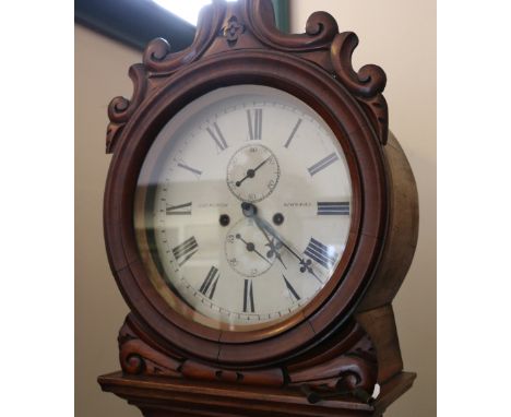 Victorian Scottish mahogany drumhead longcase clock, maker George Morton of Newmains, with enamel Roman dial and convex door 