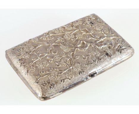 Chinese embossed silver cigar case, the covers with bamboo and prunus decoration, maker TS, 185g, 13cm.   CONDITION REPORT:  