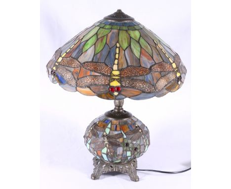 Modern Tiffany style stained glass table lamp, decorated with dragonflies, 50cm.