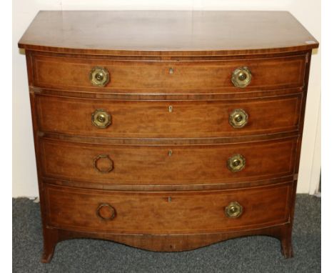 Regency line inlaid mahogany bow-front chest, with four drawers, on splayed bracket feet, 92cm x 106cm.