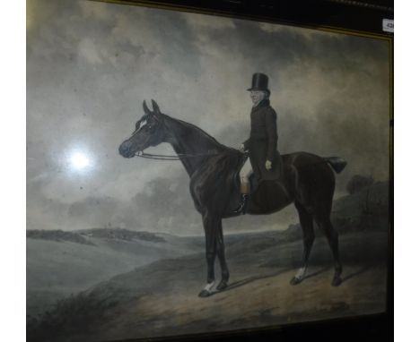 AFTER ABRAHAM COOPER (1787-1868) "Daniel Haigh Esq.", study of a gentleman seated on horseback in a landscape with hunt on hi