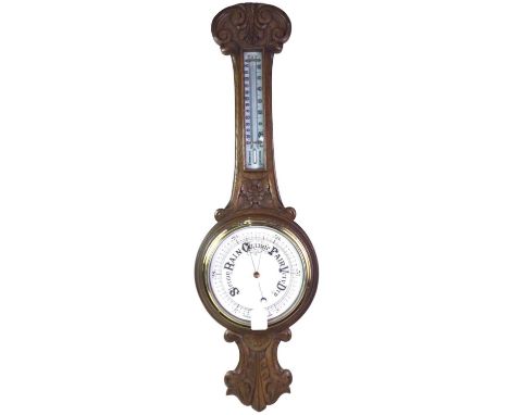 MAHOGANY CASED G.P.O. STYLE WALL CLOCK, ALONG WITH A BAROMETER the clock with white dial and Roman numerals, the barometer ca