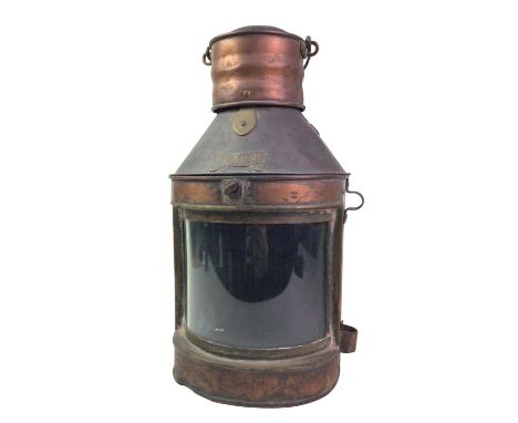 COPPER SHIPS LANTERN, AND TWO MARITIME GLASS BUOY SETS bearing 'stern' label to front, with carry handle, along with two glas