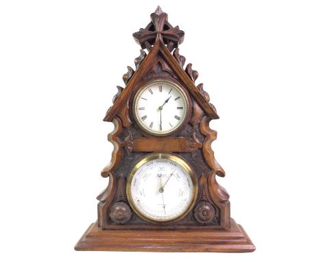 VICTORIAN CARVED WALNUT CLOCK/BAROMETER, retailed by Smethurst, 38 Greengate St, Stafford24cm highWe do not have a key. We ar