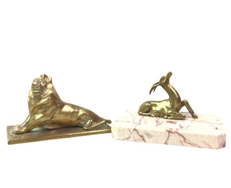 ART DECO ASHTRAY, AND A BRASS PAPERWEIGHT  the ashtray modelled with a brass gazelle and the paperweight in the form of a lio