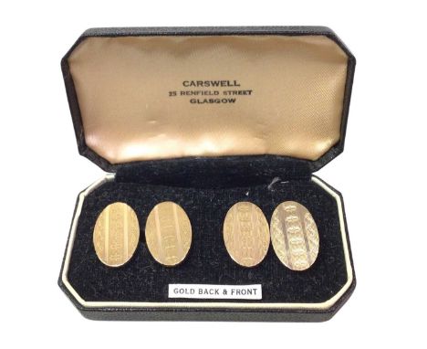 PAIR OF CUFFLINKS, IN TWELVE CARAT GOLD each with engine turned decorationQty: 7gScratches, ware to the chain, additional ima