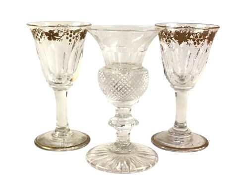 THREE VINTAGE GLASSES, one with thistle design