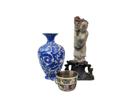 CHINESE SOAPSTONE FIGURE, ALONG WITH FURTHER ITEMS including vintage door handles, an enamelled vase and furtherthe Chinese f