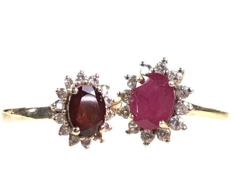 GEMSTONE AND DIAMOND CLUSTER RING, AND ANOTHER the oval gemstone in a surround of small diamonds (one lacking), the shank mar