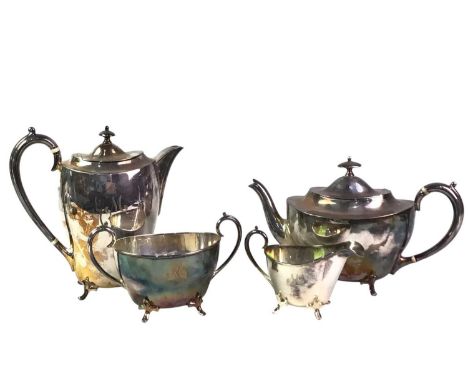 FOUR PIECE SILVER PLATED TEA AND COFFEE SERVICE comprising coffee pot, tea pot, sugar and cream
