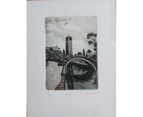 BRITISH SCHOOL, TOWER AND BRIDGE limited edition colour etching on paper, signed indistinctly and numbered 39/77mounted, fram