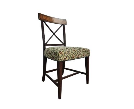SET OF SIX MAHOGANY SINGLE DINING CHAIRS OF SHERATON DESIGN with cross-banded top rail, reeded cross-over splat, upholstered 