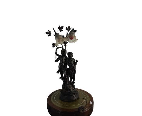 SPELTER FIGURAL TABLE LAMP, with glass shade on circular base80cm high
