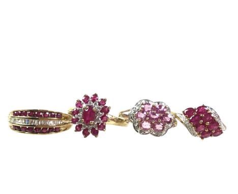 FOUR DIAMOND AND RUBY COLOURED STONE DRESS RINGS, IN NINE CARAT GOLD each set with diamond chips and ruby coloured stones, al
