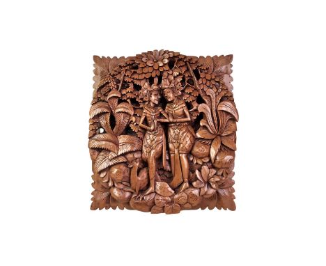 PAIR OF DECORATIVE CERAMIC PLATES, ALONG WITH AN ASIAN CARVED WOODEN PANEL the plates each signed Furlaud, along with a Balin