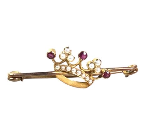 RUBY AND PEARL CROWN BAR BROOCH, unmarkedScratches, general surfaceware, additional images have been added to the website