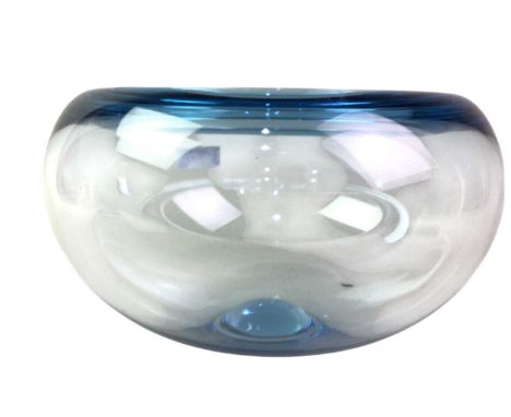 PER LUTKEN FOR ROYAL COPENHAGEN GLASS BOWL, blue tinted, retained sticker26cm diameterOverall good condition with minor spec 