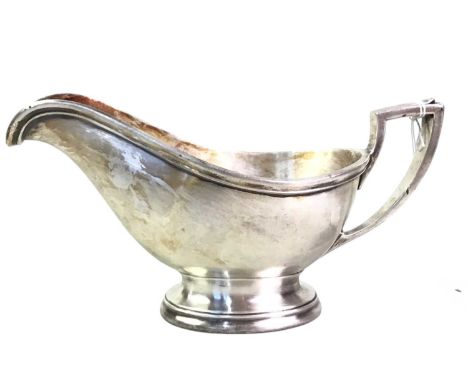 GROUP OF SILVER PLATED WARE, comprising two bowls, two sauce boats and a further twin handled sauce boat, most bearing an eag