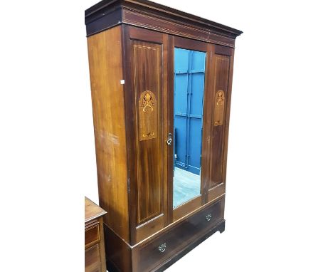 EDWARDIAN MAHOGANY TWO PIECE BEDROOM SUITE, the wardrobe with central mirror flanked by two Art Nouveau inlaid panels over a 