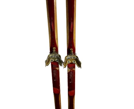 PAIR OF VINTAGE MADSHUS WOODEN SKIS, MADE IN NORWAY  in a red painted design