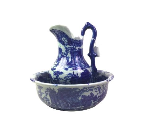 IRONSTONE EWER AND BASIN, ALONG WITH OTHER CERAMICS the ewer and basin decorated with a blue painted townscape, the other ite