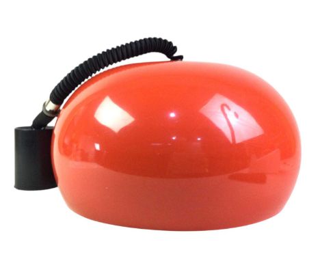 RETRO CEILING LIGHT PENDANT, the mount with label for THORN lighting, in burnt orange plastic with white interior, fabric cov