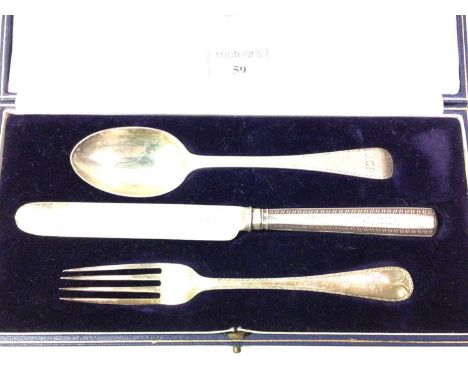 SILVER CHRISTENING SET, LONDON MARKS comprising a spoon, fork and knife, in a fitted caseQty: the silver 111g gross