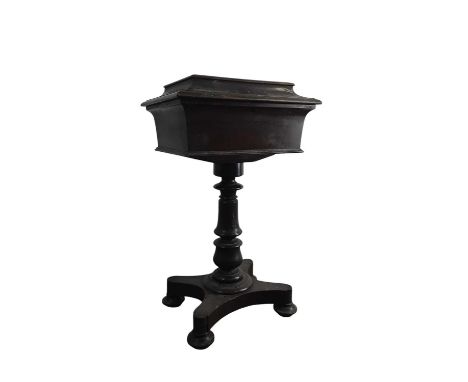 VICTORIAN MAHOGANY TEAPOY, ALONG WITH AN OAK OPEN BOOKCASE the teapoy of sarcophagus form, on single pedestal and raised on f