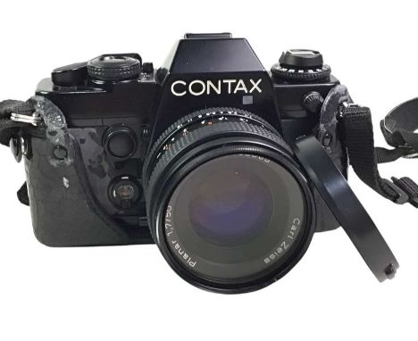 CONTAX FILM CAMERA, WITH LENS AND BAG comprising a Zeiss Planar 1,7/50 lens, another 60-300 tamron tale lens, metz flash gun,