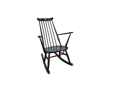 ERCOL ROCKING CHAIR, with stick backThe chair has been restained with a wood stain. The planks on the seat have a slight gap,