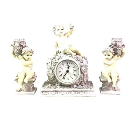 REPRODUCTION CLOCK GARNITURE, ALONG WITH FURTHER ITEMS the garniture comprising a central Bacchanalian putto above a barrel, 