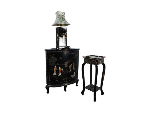 JAPANESE BLACK LACQUERED CORNER CABINET, ALONG WITH A PLANT STAND AND A TABLE LAMP decorated with figures and flowerscorner c