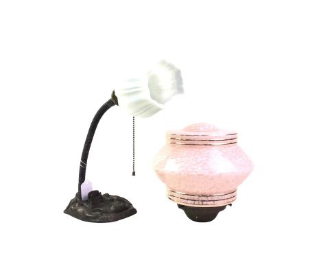 ART DECO DESK LAMP, AND AN ART DECO CEILING LIGHT the lamp with floral shaped shade, the base modelled with mermaids, the art
