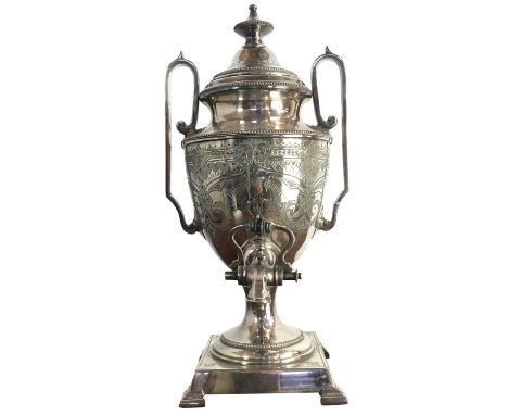 SILVER PLATED SAMOVAR, LATE 19TH / EARLY 20TH CENTURY with knop finial, twin handles and raised on bracket feet48cm high