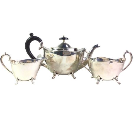 SILVER PLATED THREE PIECE TEA SERVICE, comprising teapot, sugar and cream