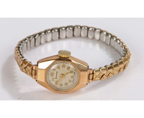 Helvetia 9 carat gold ladies wristwatch, the signed white dial with Arabic numerals, manual wound, on a sprung gold plated br