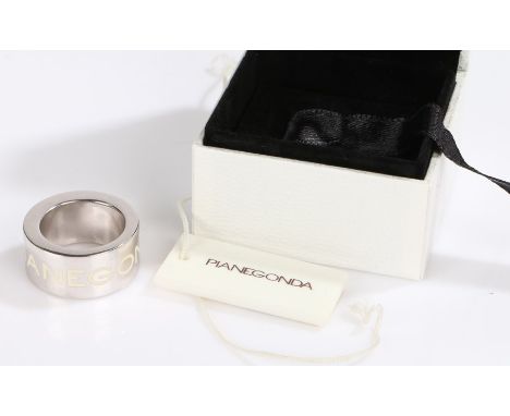 Pianegonda substantial silver ring, with white lettering and stylised heart to the band, ring size M, 23.8g