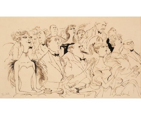 Searle (Ronald, 1920-2011). 'The Stalls', circa 1952, pen, brown and black ink, depicting men and women in their finery sitti