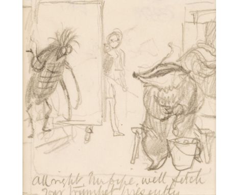 Shepard (Ernest Howard, 1879-1976). 'All Right Mr Pipe, We'll Fetch Your Trumpet Presently', pencil, depicting a badger on th