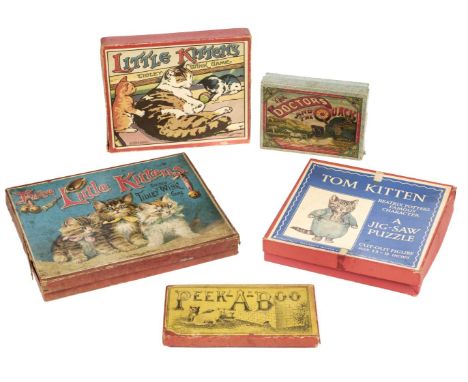 Vintage Board Games and Gollies. A collection of 8 vintage children's games, including: Peek-A-Boo Cat and Mouse Game, Rhode 
