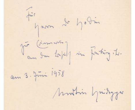 Heidegger (Martin). Identität und Differenz, Pfullingen: Verlag Günter Neske, 1957, inscribed by the author to front free end