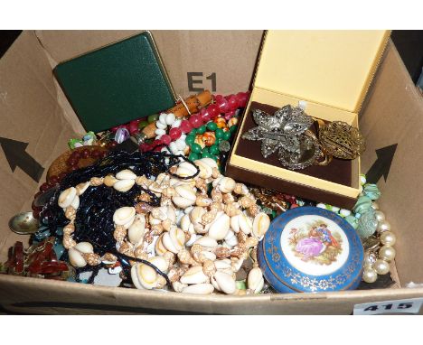 Box of assorted vintage costume jewellery, etc.