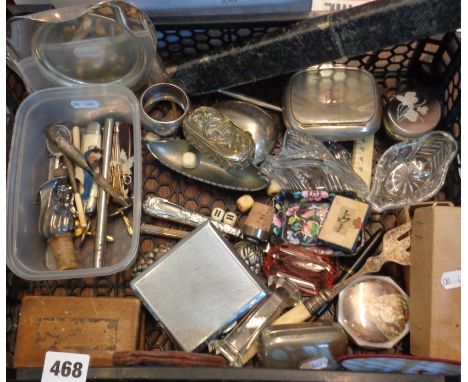 Box of assorted bottle openers, cufflinks, enamel dishes, Art Deco cigarette case etc