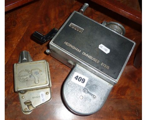 Bus conductor's ticket machine marked Hedingham Omnibuses together with a bus ticket punch inscribed "The Bell Punch and Prin